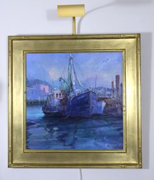 Nautical Oil Painting On Canvas Signed Ivan Kamalic, 95, In Wide Giltwood Frame.