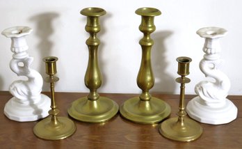 Lot Of 6 Vintage Candlesticks, Featuring Brass And Ceramic Styles.