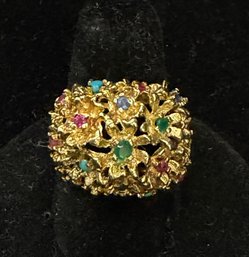 14K YG Beautiful Domed Shaped Cluster Ring Mourned With Multicolored Gemstones Size 7.25