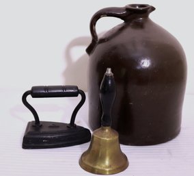 Lot Of Antique Decorative Home Dcor, With Brown Jug, Miniature Cast Iron, And Bell.