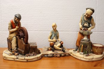 Set Of 3 Vintage Porcelain Figurines By NatureCraft England, Blacksmith Tailor And Wheelwright