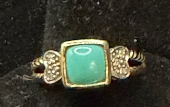 14K YG Lovely Turqouise Cabuchon Ring With Diamond Accent Sidecars- Size 9