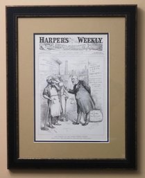 Framed Harpers Weekly Print Of Cartoon Etching, 1884 Stop Tickling Us And Answer Without Dodging.