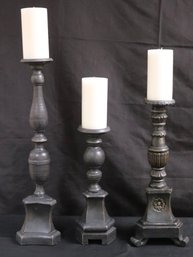 Trio Of Wood Candlesticks By Restoration Hardware With Pillar Candles