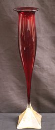 Signed Willsea OBrien Red Tall Tulip Glass Vase.