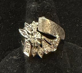 14K WG Vintage Floral Cocktail Ring With Diamond Center Stone And Accents- Size 7