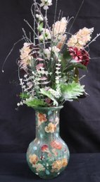 Artificial Floral Arrangement In A Vintage Decoupage Decorative Art Glass Vase.