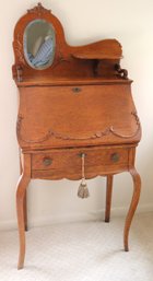 Ca. 1920s Oak Drop Front Ladies Desk With Oval Mirror Insert.