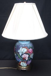 Large Vintage Table Lamp With Painted Floral Design On Wood Base.