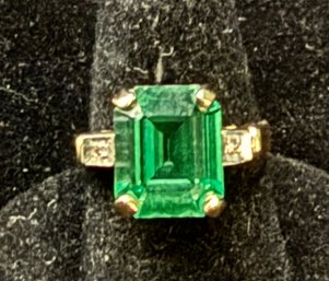 14K YG Beautifully Rich Large Emeral Cut Synthetic Emerald Diamond Accent Ring - Size 6.5