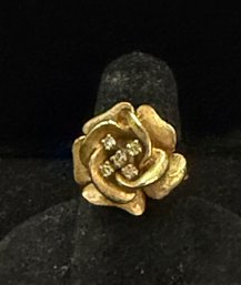 14K YG Vintage Blooming Rose Cocktail Ring With Cluster Of Diamond In Center- Size 6.5