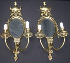 Pair Of Vintage Pagoda Style Mirrored Double Candle Wall Sconces.