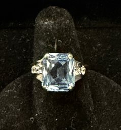 14K WG Beautiful Emerald Cut Blue Topaz Cocktail Ring With CZ Accents- Signed KB - Size 7