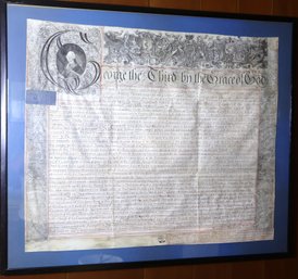 Framed 18th Century Legal Document Or Indenture With Portrait Of King George III.