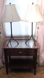 Ethan Allen Federal Style Cherry Wood Nightstand And 2 Iron Table Lamps.
