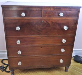 Antique 19th Century Mahogany Dresser With Tongue And Groove Joints And Crystal Knobs.