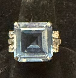 14K WG Large Beautiful Emerald Cut Square Blue Topaz Cocktail Ring With CZ Accent Stones - Size 6.75