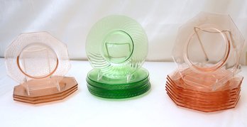 Three Sets Of Depression Glass Plates, Green And Pink With Designs