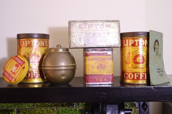 An Assortment Of 7 Collectable Liptons Tea And Coffee Collectable Metal Items