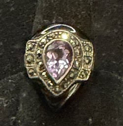 Sterling Silver Art Deco Style Ring W Pear Shaped Amethyst Black Onyx & Marcasite Accent Stones Size 7.75