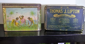 Two Collectable Thomas J. Lipton Tea Tins With Pictorial Scenes Of Beautiful Leaf Pickers.