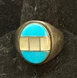 Sterling Silver Southwestern Style Unisex Ring With Inlaid Turqouise & Mother Of Pearl - Size 10