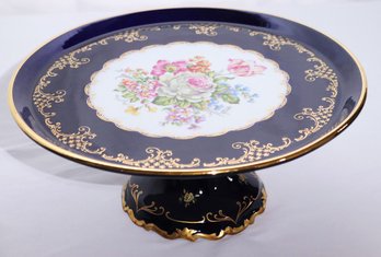 Elegant Vintage Reichenbach Cobalt Blue Porcelain Floral Tart/ Cake Stand Made In Germany