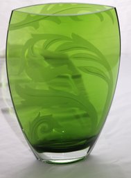 Modern Badash Oval Shaped Green Crystal Vase With Etched Leaf Design