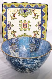 Large Glass Decoupage Bowl With Blue Patchwork Design And Hand Painted Italian Style Platter.