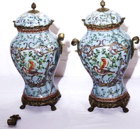 Highly Decorative Pair Of Hand Painted Bronze Mounted Vases With Love Birds And Floral Pattern.