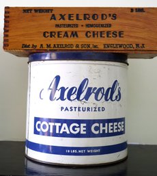 Collectable Axelrods Pasteurized Cottage Cheese Metal Tub, And A Wooden Box.