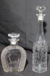 Two Antique Style Etched Glass Decanters With Stoppers.