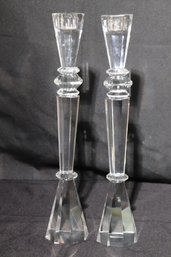 Pair Of Elegant, Tall, Faceted Crystal Column Candlesticks, Almost 15 Inches Tall.