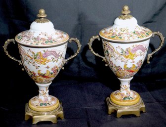 Pair Of Elegant Bronze Mounted Urns With Lids And Hand Painted Flowers, Stamped Dominic