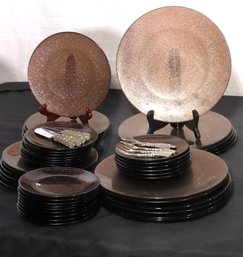 Set Of Bronze Color Glass Plates With Gold Glitter Flecks.