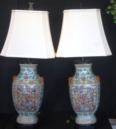 Pair Of 2 Chinese Famille Rose Canton Porcelain Table Lamps