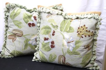 Pair Of Beautifully Detailed Petit Needlepoint Pillows With Fringes, &amp Down Filled Inserts.