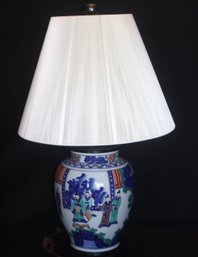 Painted Chinoiserie Style Porcelain Table Lamp With Pleated Fabric Shade