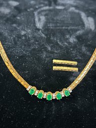 18K Yellow Gold Gorgeous 15 Inch Emerald And Diamond Square Link Necklace- Signed LAP.