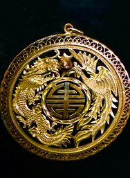 14K Yellow Gold Fancy Asian Motif With Large Dragon And Phoenix Medallion