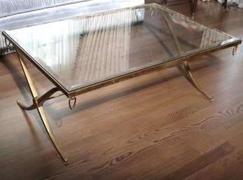 Decorator Barbara Barry For Baker Furniture Glass Top Coffee Table With Gold Finish Frame And Curvaceous Legs.