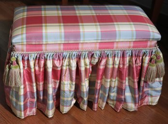 Upholstered Storage Bench In A Charming Pink And Blue Plaid Silk Fabric With Gorgeous Silk Tassels.