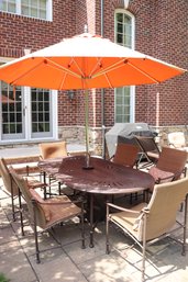Brown Jordan Metal Outdoor Oval Dining Table, 6 Armchairs And Orange Market Umbrella And 6 Accent Pillows.