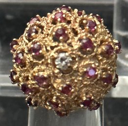 14K Yellow Gold Custom Diamond And Ruby Cluster Ring-Size 4.25