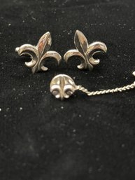 STERLING SILVER FLEUR DE LIS CUFFLINK TIE PIN ENSENBLE