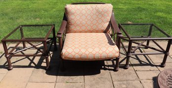 Brown Jordan Rocker Armchair With Seat And Back Cushions And Two Side Tables With X Bases.