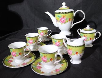 Vintage Royal Scotland Hand Painted Vivid Floral Roses Tea Set For 5, With Teapot Sugar And Creamer And Cups