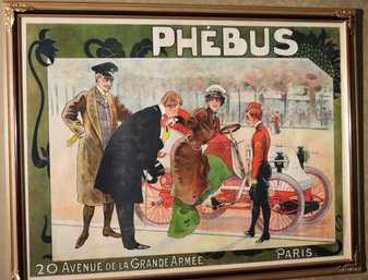 Authentic LARGE  Vintage French Poster Of Phebus Automobile Printed In Paris In Gorgeous Gilt Wood