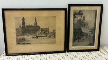 Two Sepia Toned Antique Etchings In Original Wood Frames.