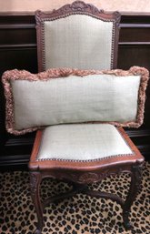 French Provincial Desk Chair With Green Linen Fabric And Nail Heads, And A Linen Accent Pillow